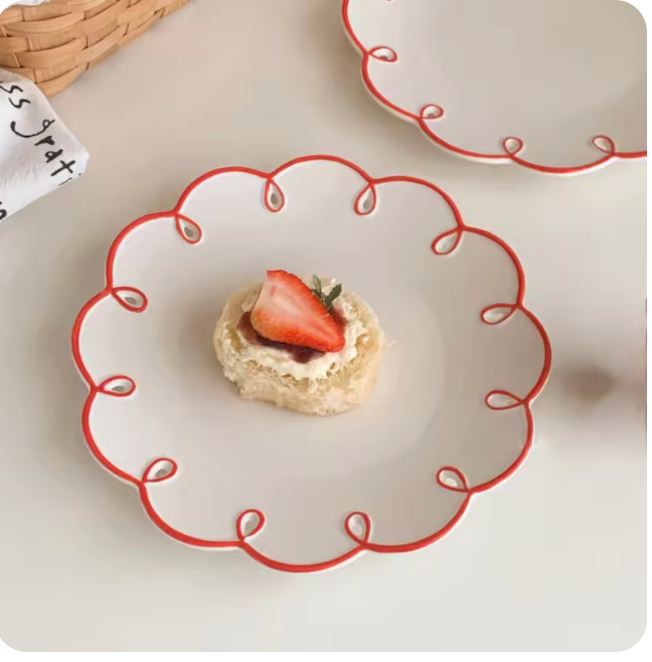 【海外直送】レトロラインプレート フリル ディッシュプレート 赤 お皿 食器 韓国食器