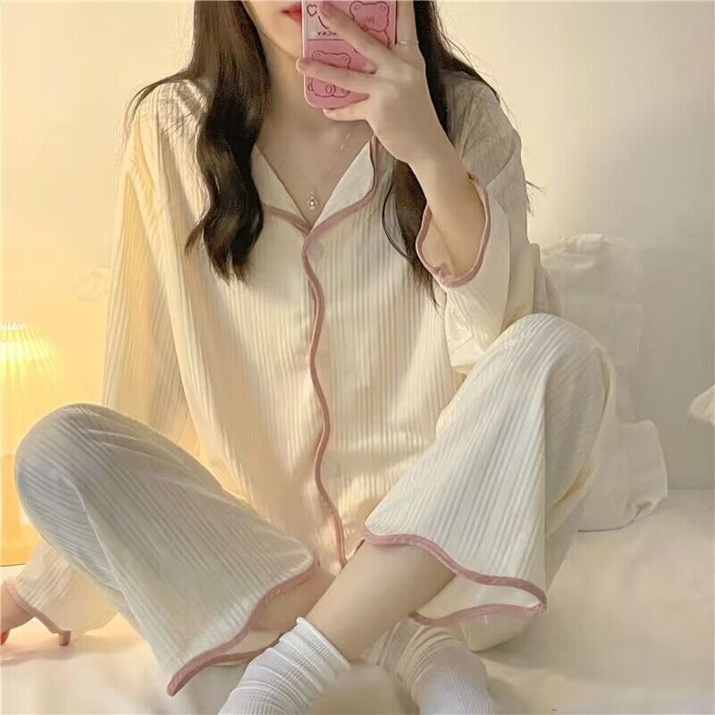 Pajamas Women's New Spring And Autumn Ins Long Sleeve Thin Korean Style Girl Sweet Cardigan Simple Home Clothes Suit