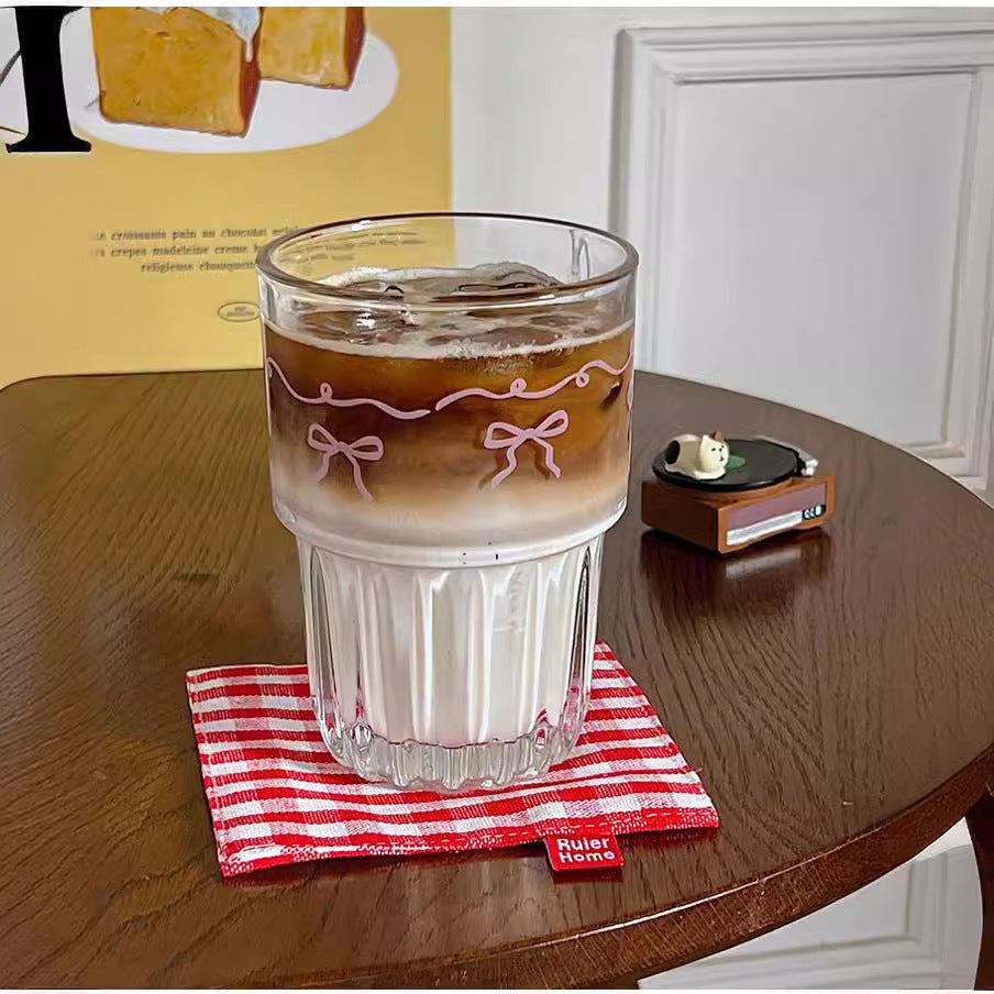 Bolimei Ins Wind Powder Bowknot Glass Girl's Heart Cold Juice Cup Milk Coffee Cup Breakfast Cup
