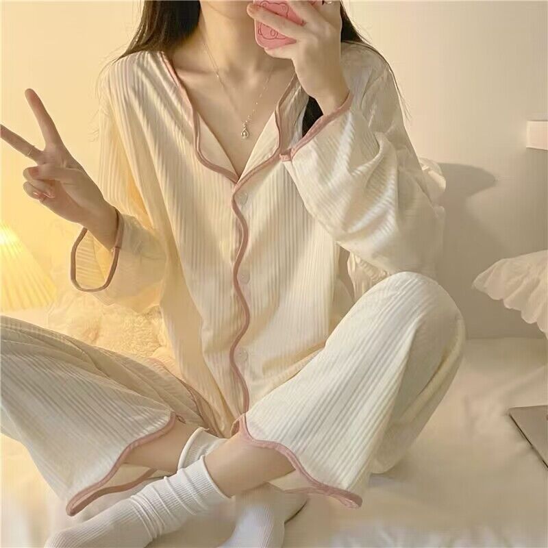 Pajamas Women's New Spring And Autumn Ins Long Sleeve Thin Korean Style Girl Sweet Cardigan Simple Home Clothes Suit