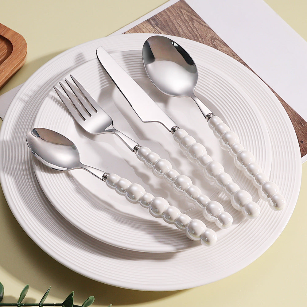 304 Stainless Steel Pearl Handle Knife, Fork And Spoon Suit Ceramic Ins Internet Celebrity Coffee Shop Spoon Dessert Spoon Western Tableware