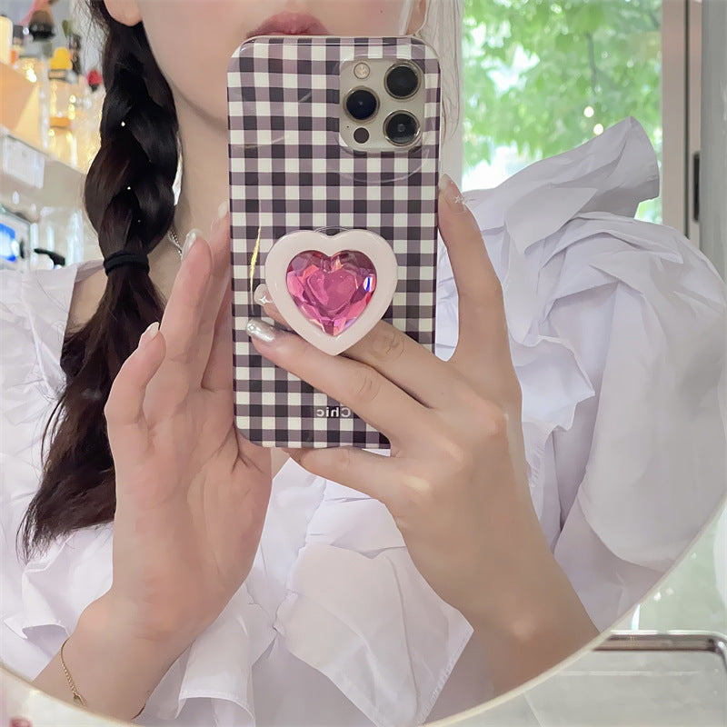 Ins Check Love Gem Bracket For Iphone15Promax Apple 15/14 Mobile Phone Case 13 Women 12 Soft