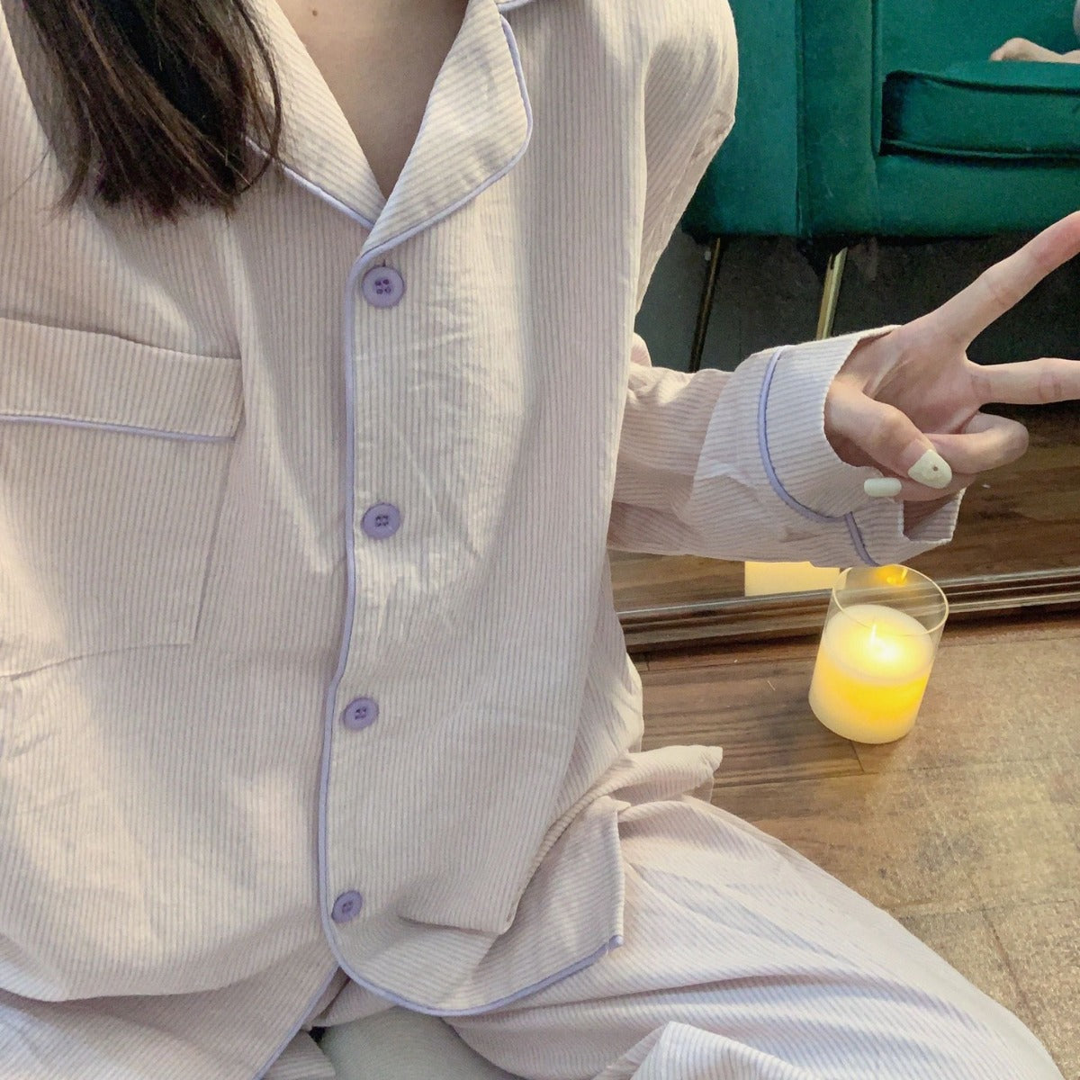 Korean Style Japanese Style Simple Contrast Color Striped Early Autumn Pajamas Women's Spring And Autumn Long-sleeved Trousers Home Wear Two-piece Suit Student