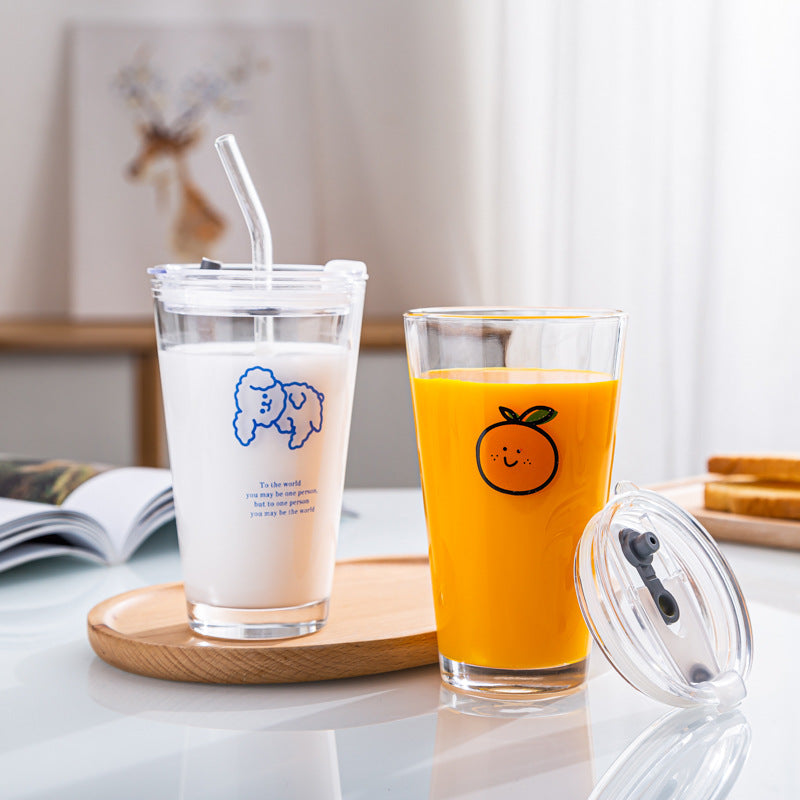 Orange INS Simple Straw With Lid Large Capacity Glass Water Cup Female Super Cute High-looking Breakfast Juice Milk