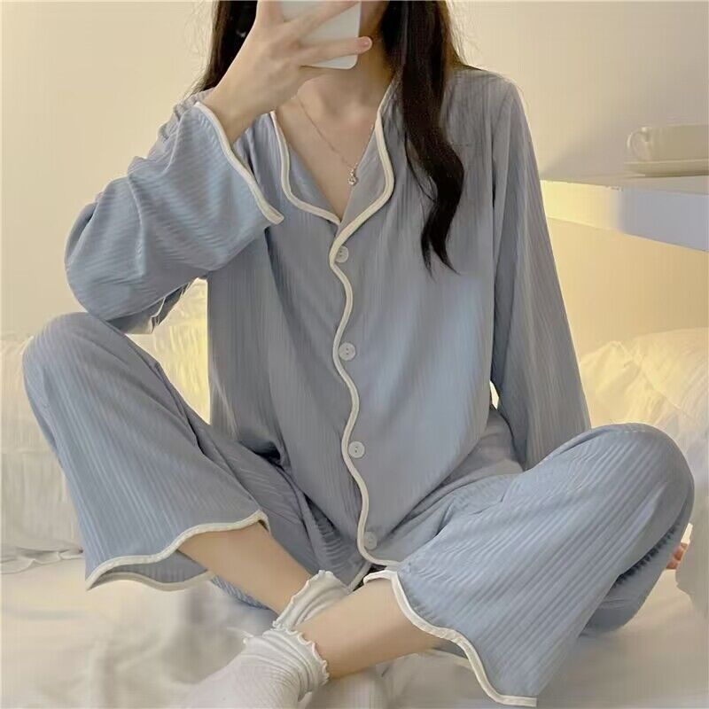 Pajamas Women's New Spring And Autumn Ins Long Sleeve Thin Korean Style Girl Sweet Cardigan Simple Home Clothes Suit