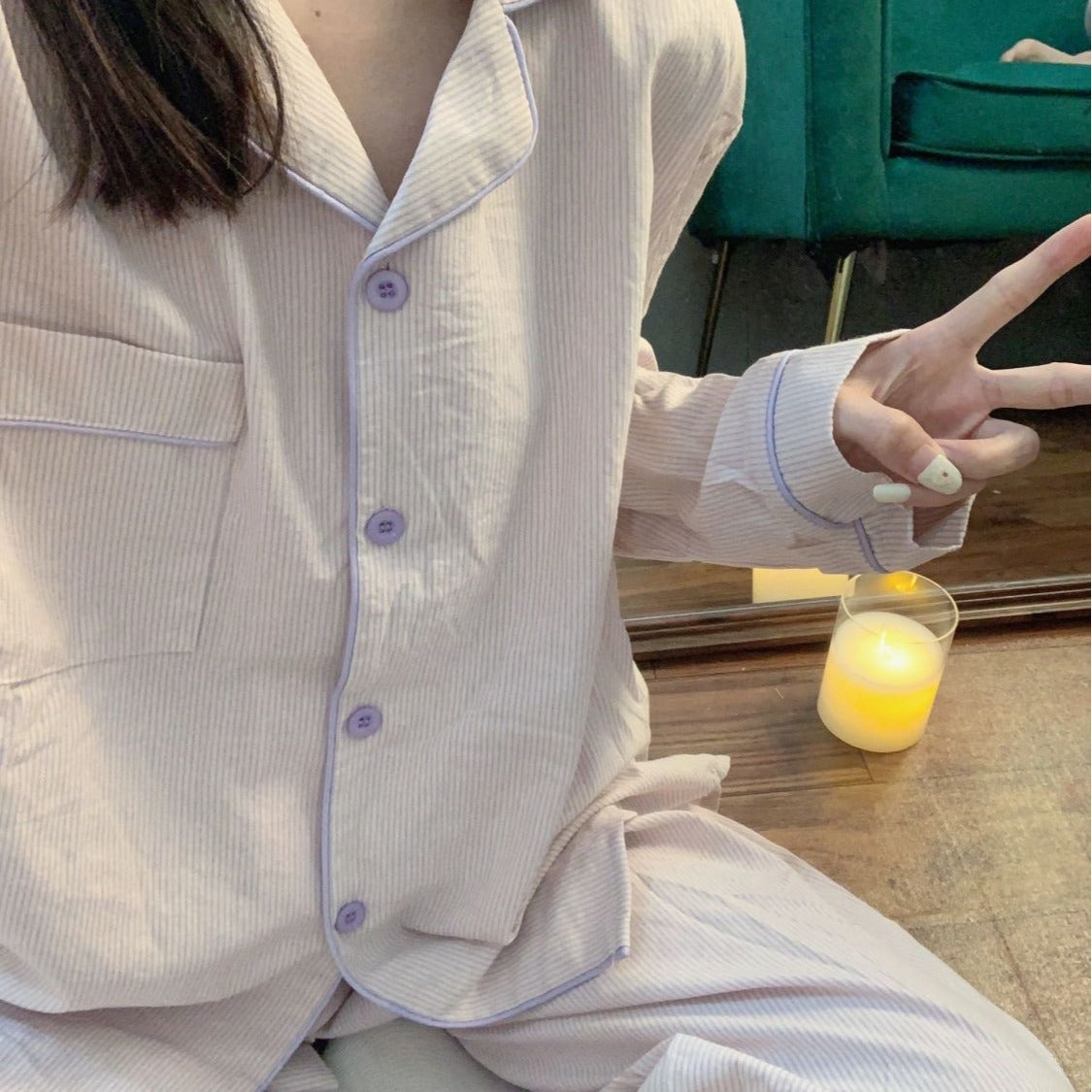 Korean Style Japanese Style Simple Contrast Color Striped Early Autumn Pajamas Women's Spring And Autumn Long-sleeved Trousers Home Wear Two-piece Suit Student