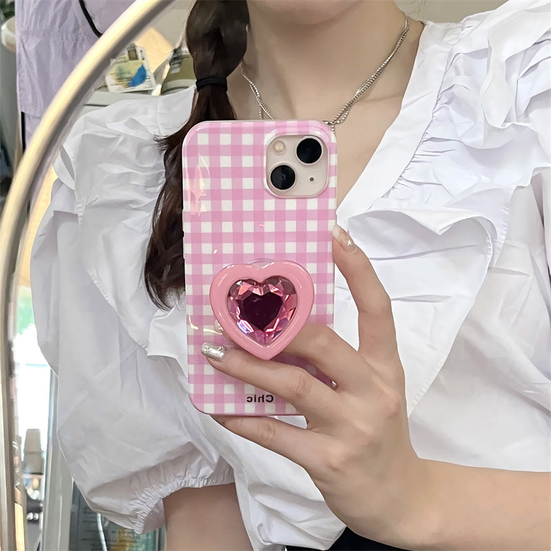 Ins Check Love Gem Bracket For Iphone15Promax Apple 15/14 Mobile Phone Case 13 Women 12 Soft