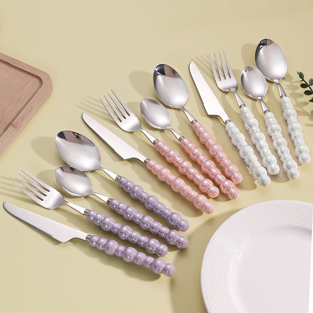 304 Stainless Steel Pearl Handle Knife, Fork And Spoon Suit Ceramic Ins Internet Celebrity Coffee Shop Spoon Dessert Spoon Western Tableware