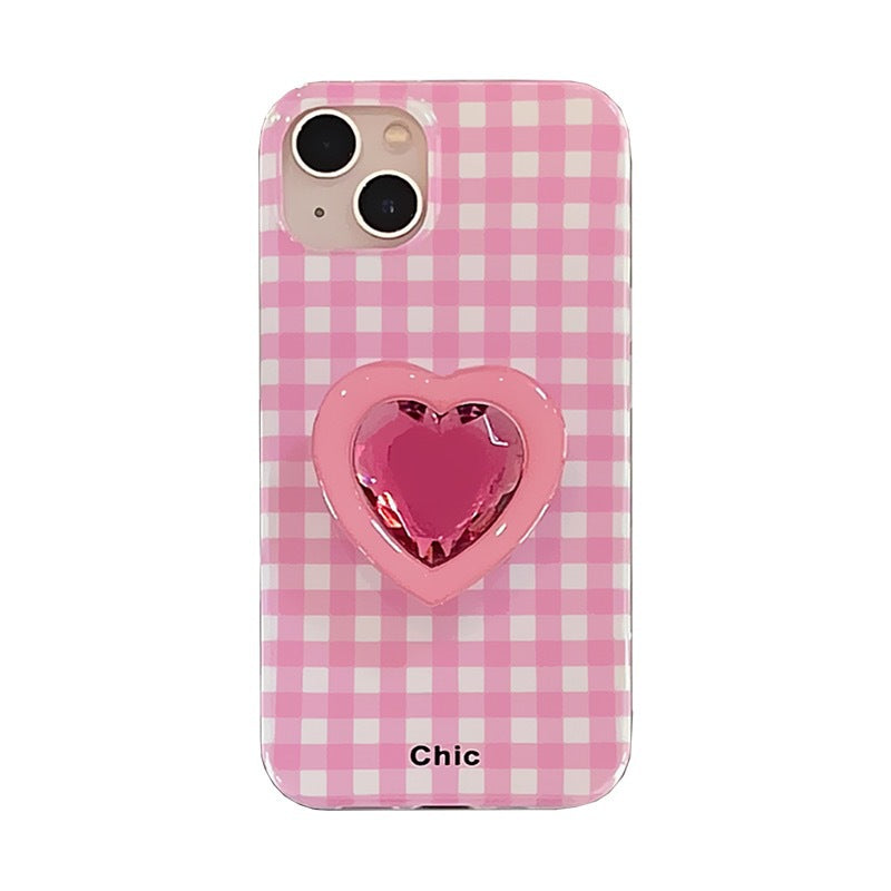 Ins Check Love Gem Bracket For Iphone15Promax Apple 15/14 Mobile Phone Case 13 Women 12 Soft