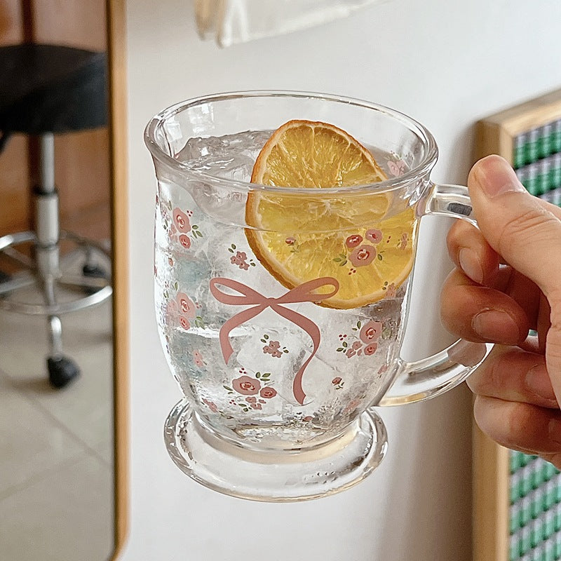 Bolimi Original French Rose Glass Cup Bow Flower Cold Extract Cup Girl Milk Cup Coffee Breakfast Cup