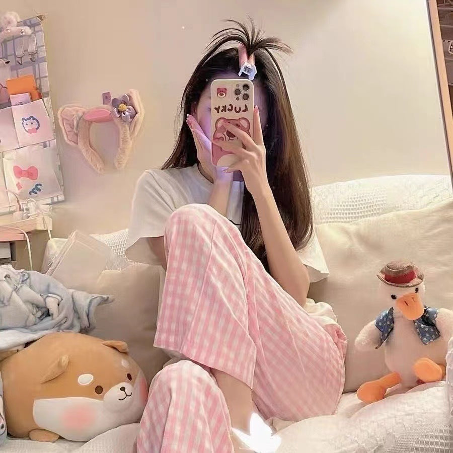 [Price] Summer Plaid Trousers Casual Girl Thin Loose Soft Not Pilling Foreign-style Home Pants