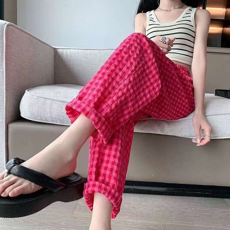 [Price] Summer Plaid Trousers Casual Girl Thin Loose Soft Not Pilling Foreign-style Home Pants