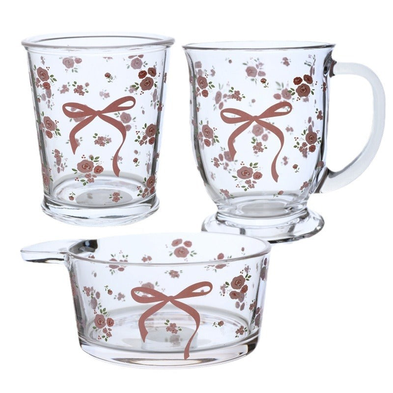 Bolimi Original French Rose Glass Cup Bow Flower Cold Extract Cup Girl Milk Cup Coffee Breakfast Cup