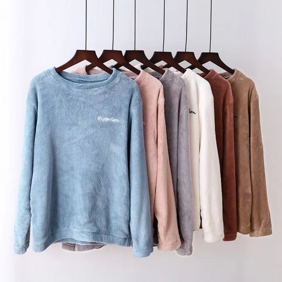 Coral Fleece Women's Winter Clothes Men's Couple Thickened Fleece-lined Warm Warm Clothes Flannel Home Clothes Pajamas Top Single Piece