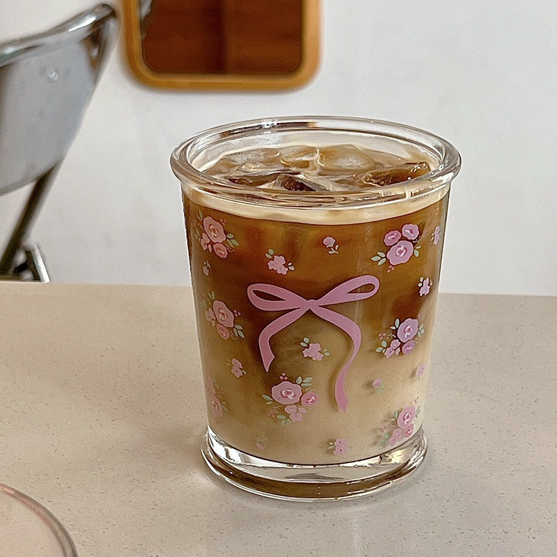 Bolimi Original French Rose Glass Cup Bow Flower Cold Extract Cup Girl Milk Cup Coffee Breakfast Cup