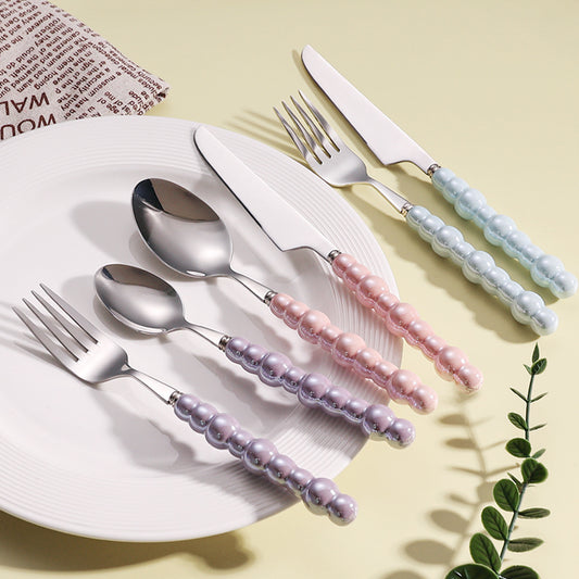 304 Stainless Steel Pearl Handle Knife, Fork And Spoon Suit Ceramic Ins Internet Celebrity Coffee Shop Spoon Dessert Spoon Western Tableware