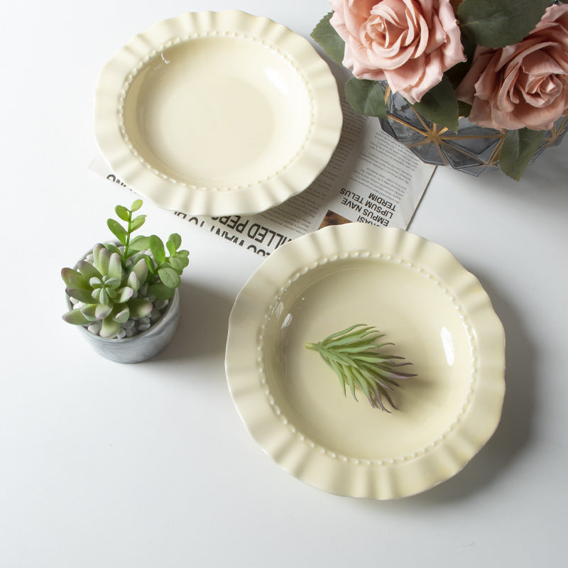 High Color Value Ceramic Dish Plate Ins Style Plate Household High Temperature Resistant Pearl Skirt Plate Exquisite Family Western Style Complete Set
