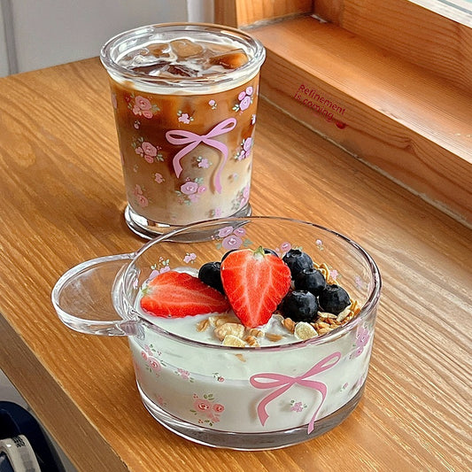 Bolimi Original French Rose Glass Cup Bow Flower Cold Extract Cup Girl Milk Cup Coffee Breakfast Cup