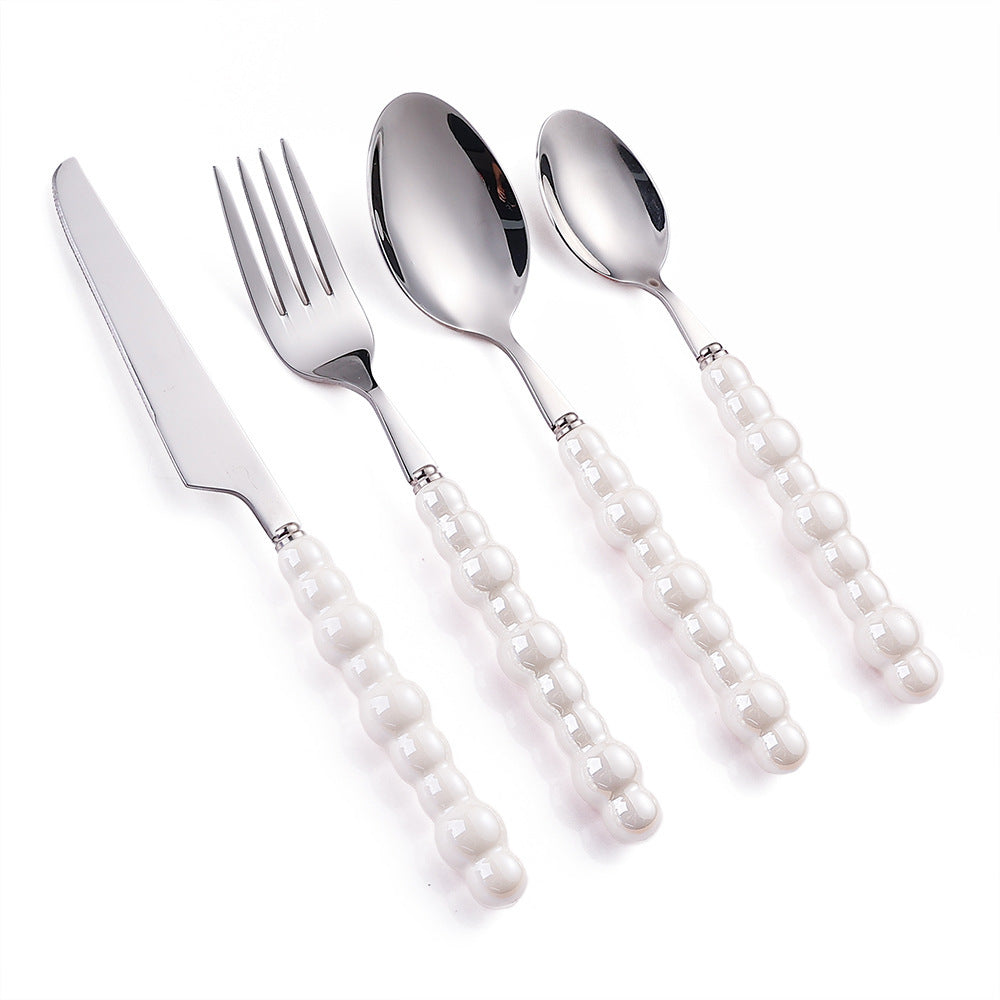 304 Stainless Steel Pearl Handle Knife, Fork And Spoon Suit Ceramic Ins Internet Celebrity Coffee Shop Spoon Dessert Spoon Western Tableware
