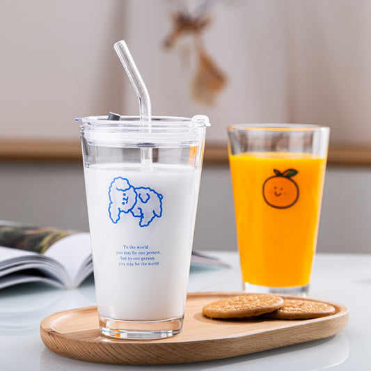 Orange INS Simple Straw With Lid Large Capacity Glass Water Cup Female Super Cute High-looking Breakfast Juice Milk