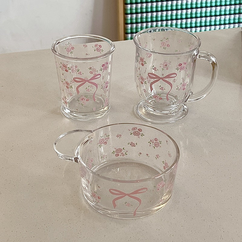 Bolimi Original French Rose Glass Cup Bow Flower Cold Extract Cup Girl Milk Cup Coffee Breakfast Cup
