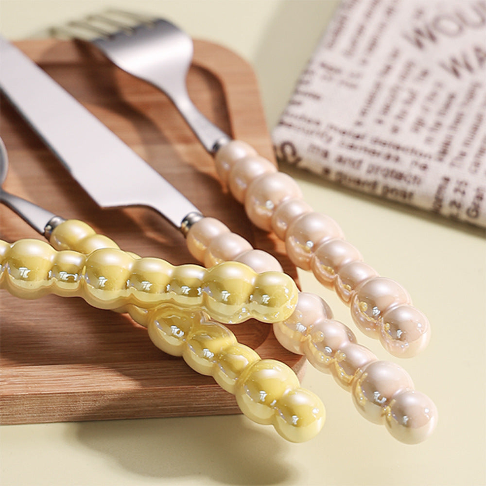 304 Stainless Steel Pearl Handle Knife, Fork And Spoon Suit Ceramic Ins Internet Celebrity Coffee Shop Spoon Dessert Spoon Western Tableware